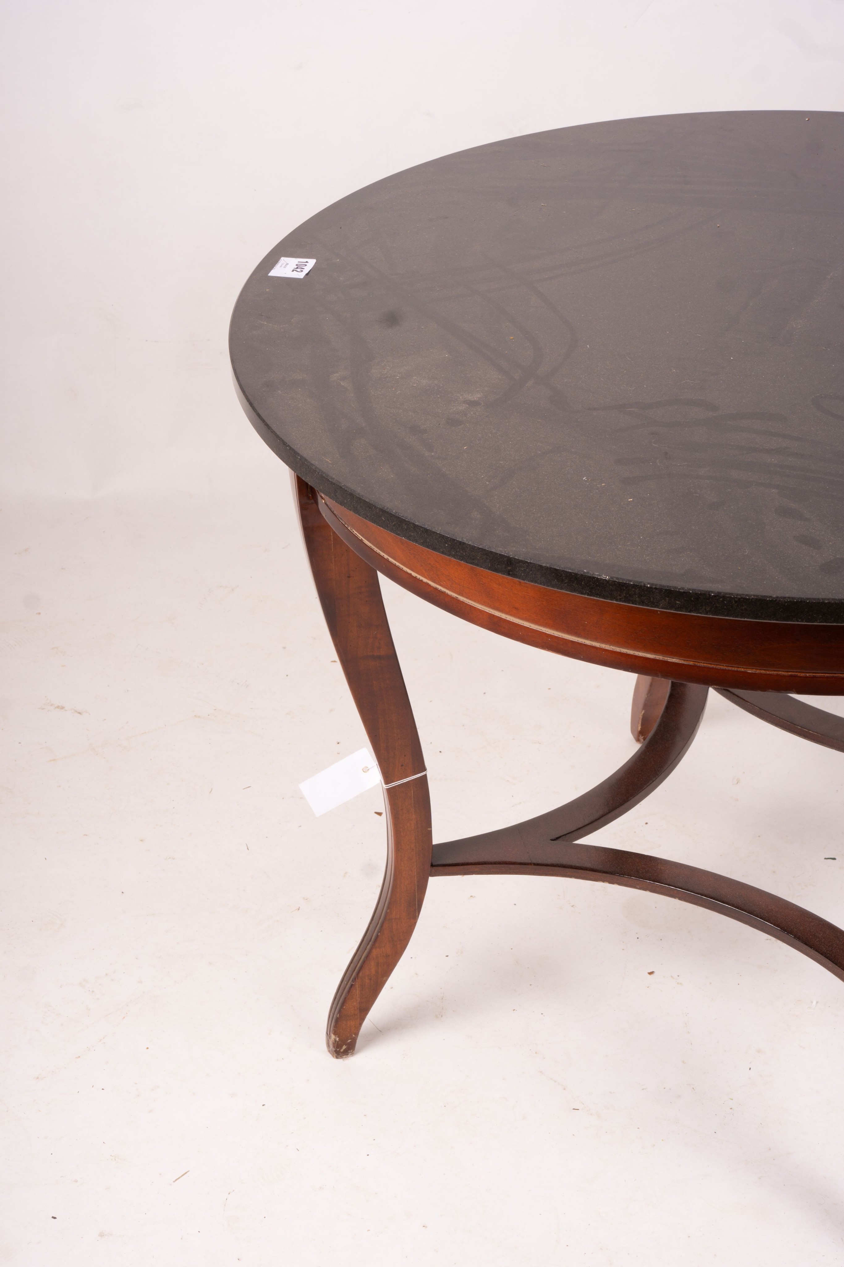 A reproduction French Empire style circular mahogany marble top centre table, diameter 96cm, height 73cm